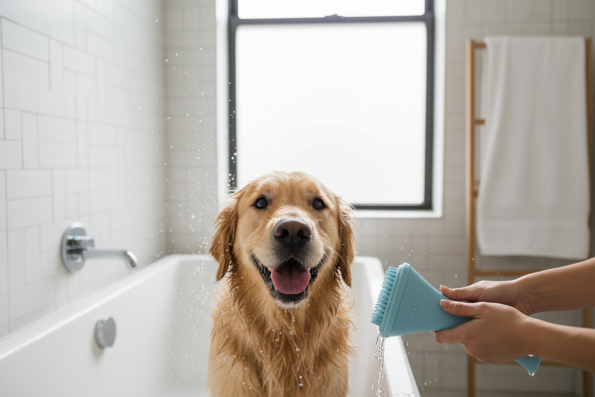 Chien golden retriever bain maison brosse silicone toilettage UrbanPaws